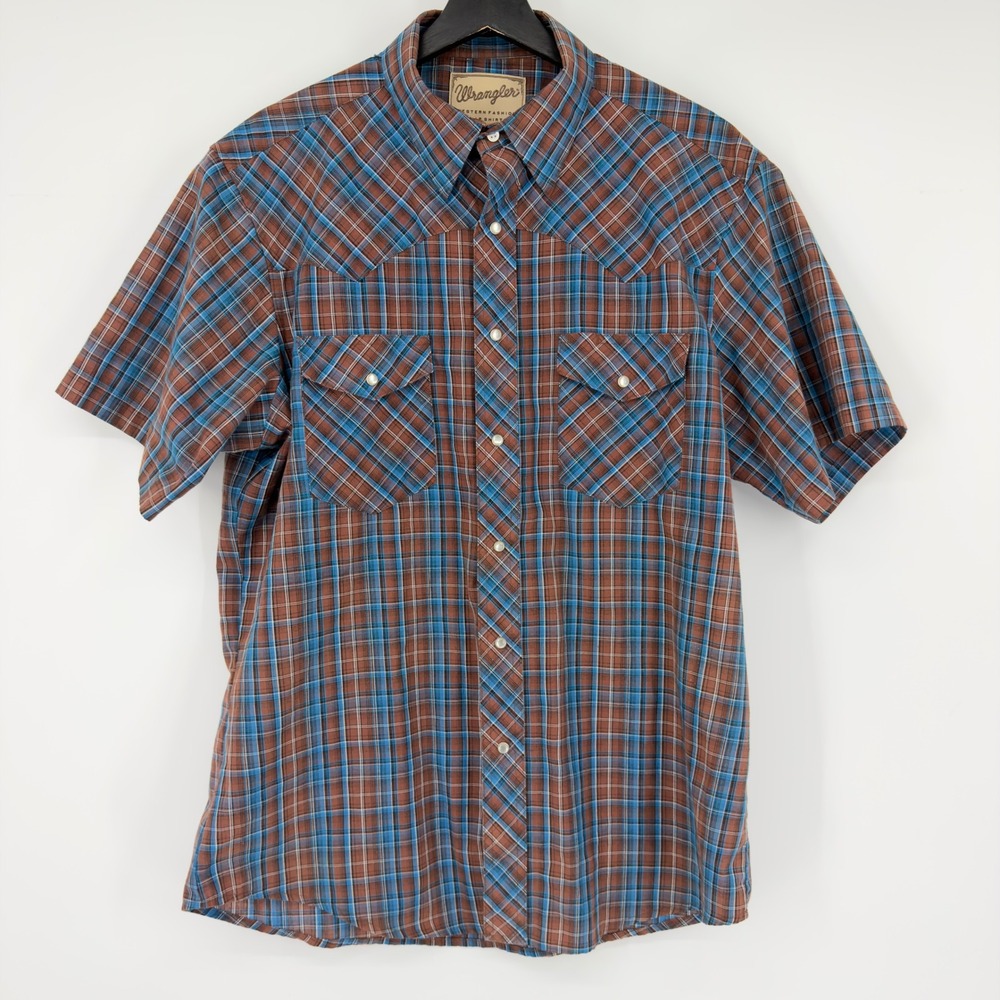 Wrangler Western Fashion Pearl Snap Shirt Mens Large Brown Blue Plaid WM18 BB